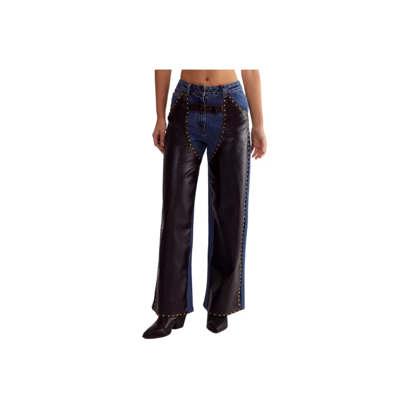NASTY GAL Denim Pu Mix Chaps Jeans Women's Dark Color Washable-0