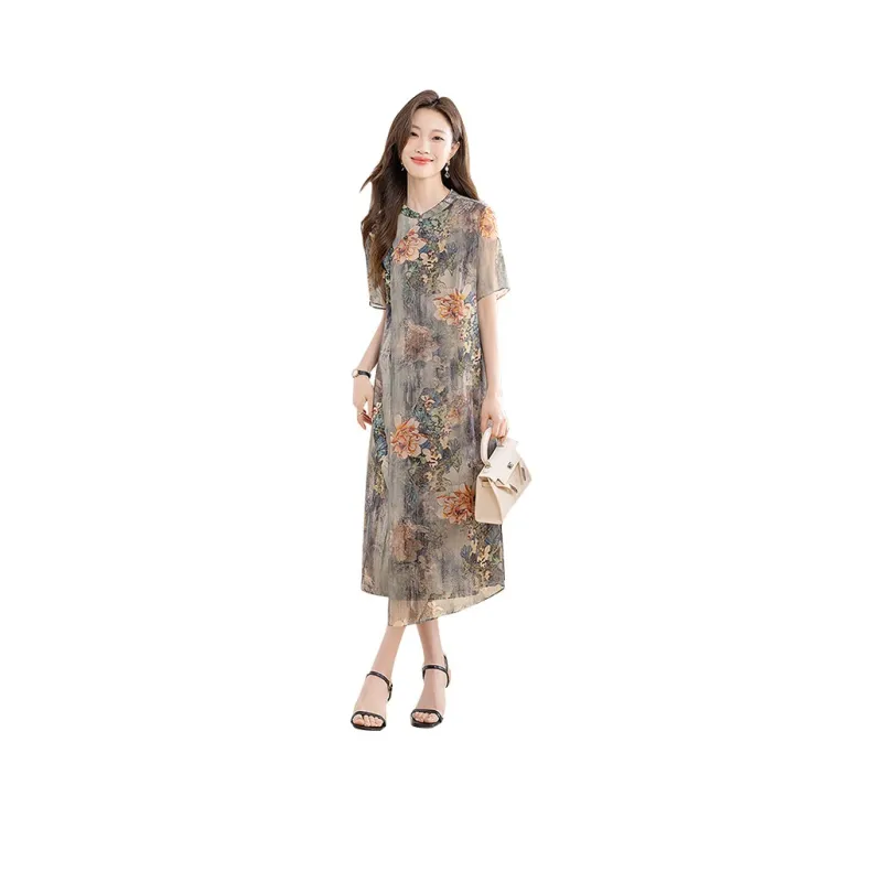 Cypress House Short-Sleeved Dresses Women's Gray Background With Orange Flowers-0