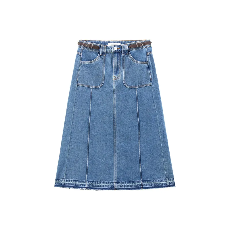 PEACEBIRD Denim Long Skirt Women's Blue-0