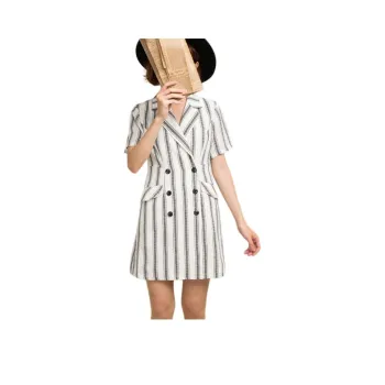 DEAR DEER PUFF Short Sleeved Dresses Women's Black White Stripes