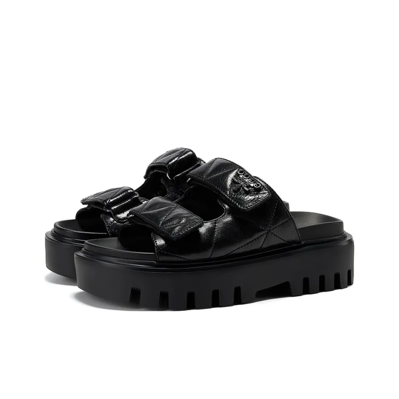 GG CC Slip Resistant Abrasion Resistant Outerwear Platform Slide Slippers Women's Black-2