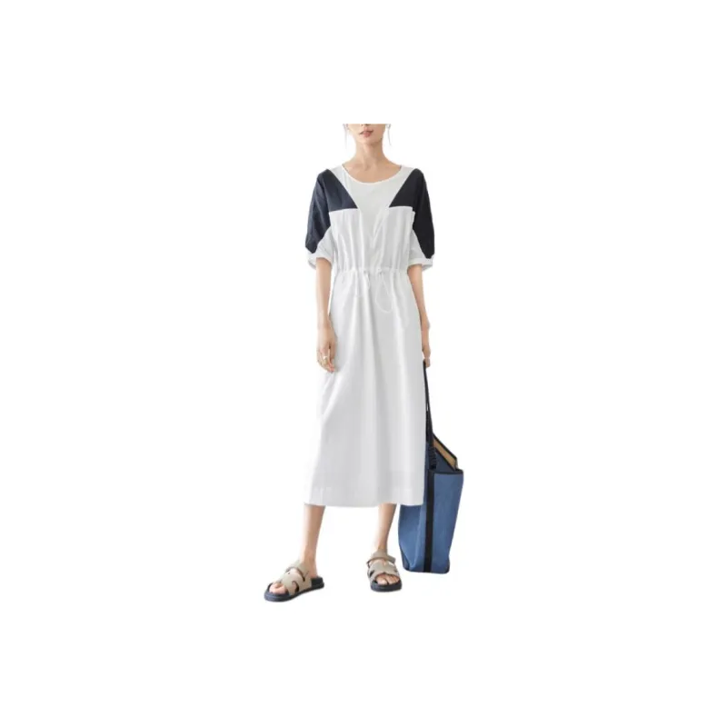 DIALOGUE Short Sleeved Dress Women's White & Navy Blue-0