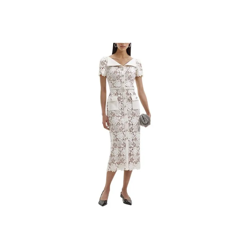 Self portrait Short Sleeved Dress Women's Ivory White-0