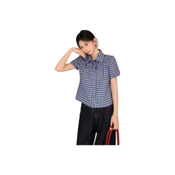 Mu Xiao Xin T Shirts Women's Blue Plaid