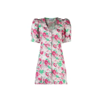 GANNI Floral Printed V Neck Mini Dress