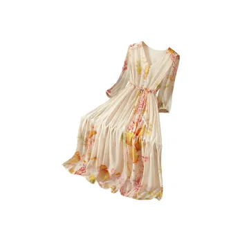 Cypress House Long-Sleeved Dresses Women's Beige Base With Pink Floral Pattern
