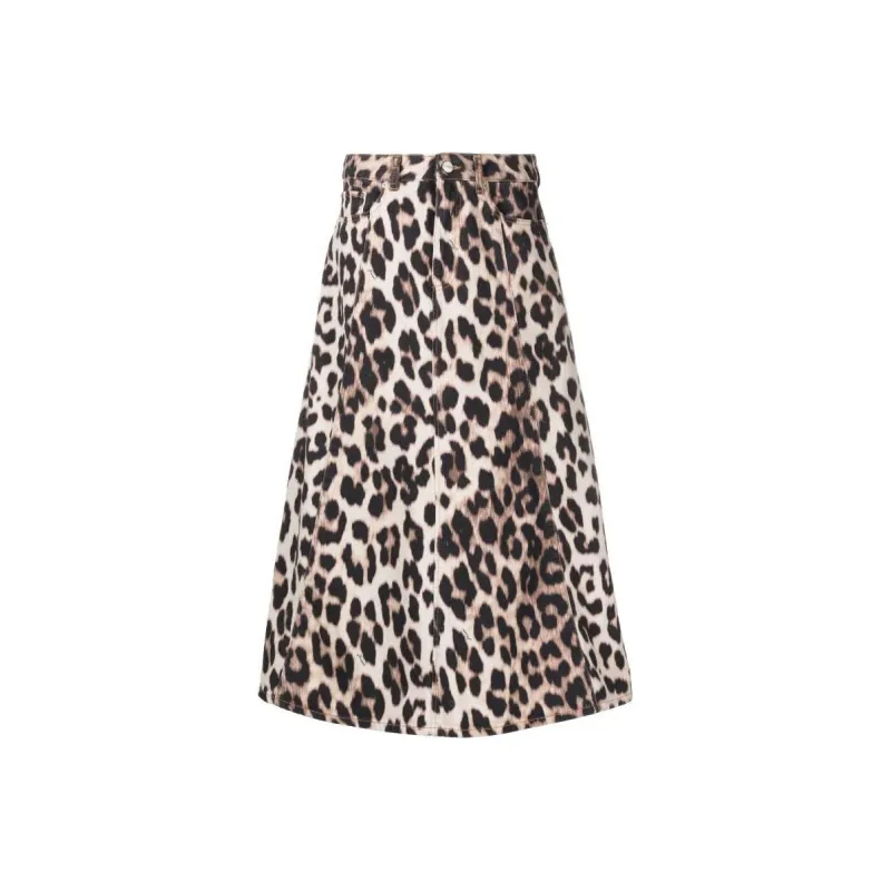 GANNI Print Denim High Waist A line Skirt 'Leopard'-0