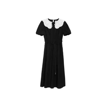 Fstudio Korean Style Elegance French Cinched Waist Lace Short Sleeved Dress Women's Black
