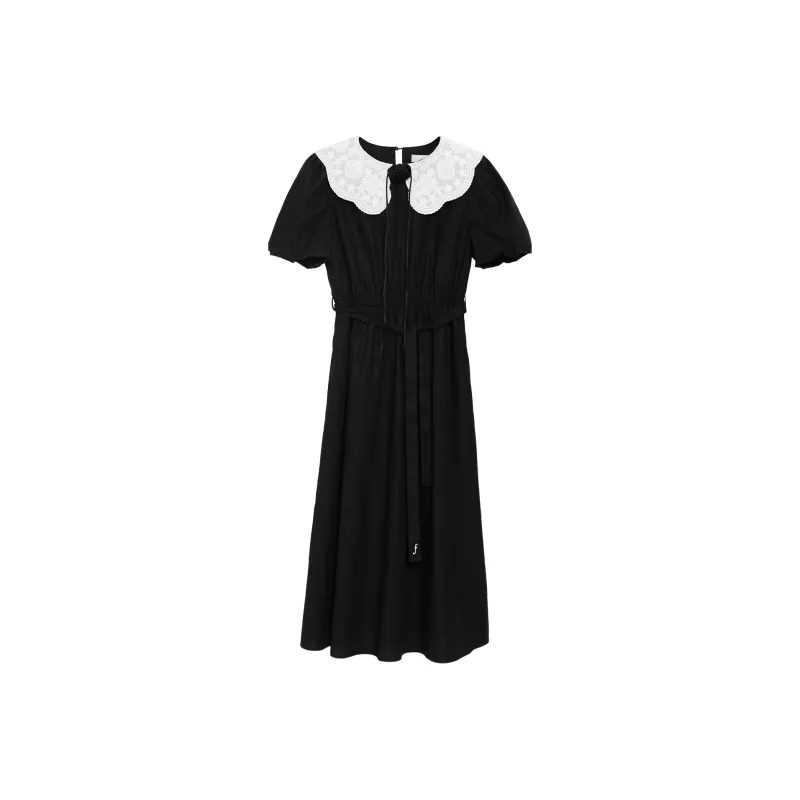 Fstudio Korean Style Elegance French Cinched Waist Lace Short Sleeved Dress Women's Black-0