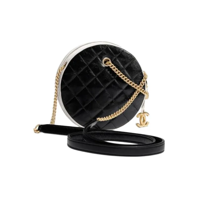 CHANEL Calfskin With Cotton Trim Round Bag, Crossbody Bag, Shoulder Bag Women's Black/White-1