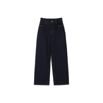 Fstudio Fall And Winter Korean Petite Straight Fit Solid Color Casual Jeans Women's Dark Blue