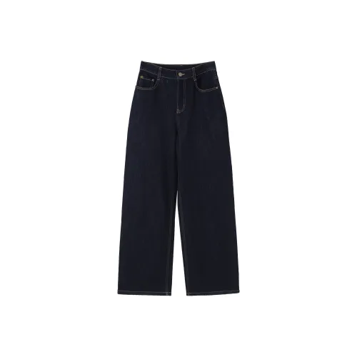Fstudio Fall And Winter Korean Petite Straight Fit Solid Color Casual Jeans Women's Dark Blue