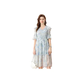 FENHONGMALI Short Sleeved Dress Women's Light Blue