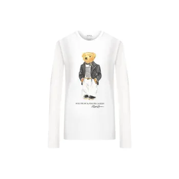 Polo Ralph Lauren Bear Pattern Crew Neck Long Sleeved T Shirt Regular T Shirt Women's White