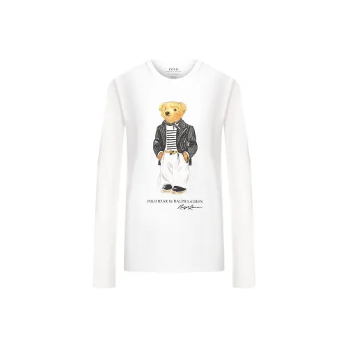 Polo Ralph Lauren Bear Pattern Crew Neck Long Sleeved T Shirt Regular T Shirt Women's White