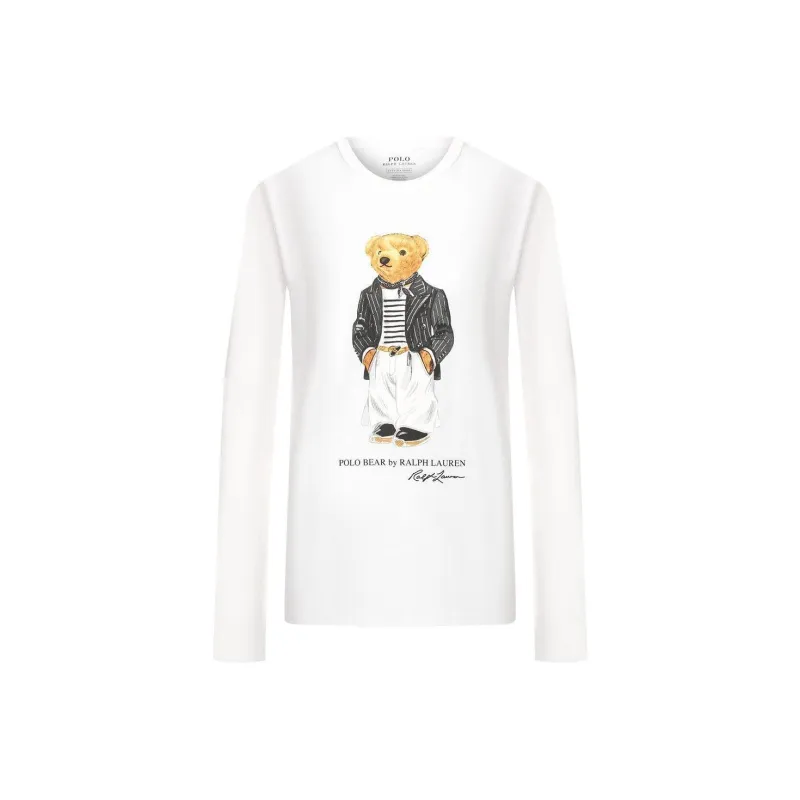 Polo Ralph Lauren Bear Pattern Crew Neck Long Sleeved T Shirt Regular T Shirt Women's White-0