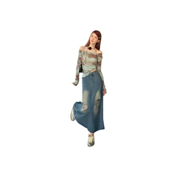 FHMY Denim Long Skirts Women's Vintage Blue