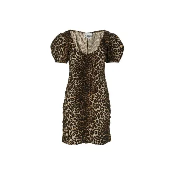 GANNI Printed Gathered U Neck Mini Dress 'Leopard'
