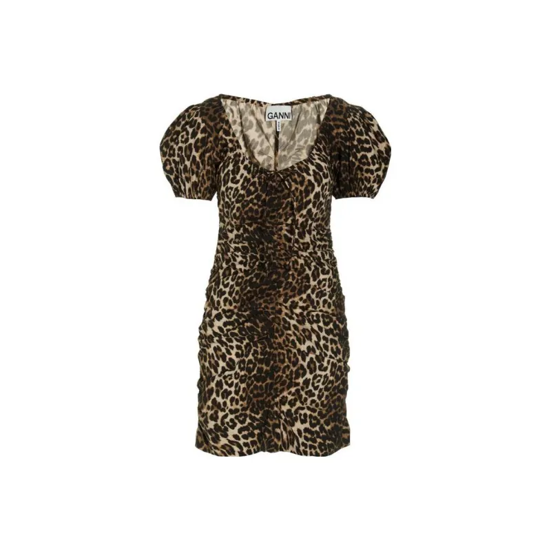 GANNI Printed Gathered U Neck Mini Dress 'Leopard'-0