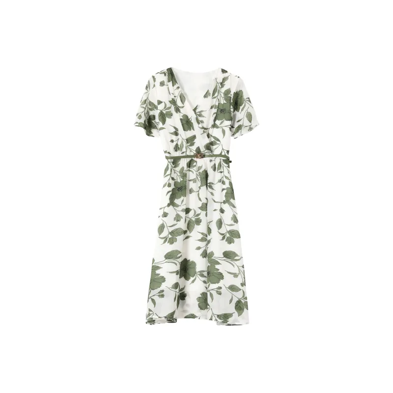 IQC Short Sleeved Dresses Women's White Base With Green Floral Pattern-0