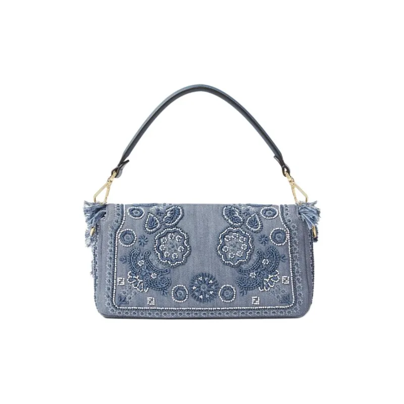 FENDI Baguette Denim Shoulder Bag, Crossbody Bag, Handbag Medium Size Women's Blue-3