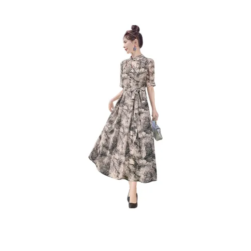 Cypress House Short-Sleeved Dresses Women's Beige Base With Black Flowers