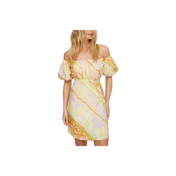 NASTY GAL Muted Floral Stripe Linen Bardot Puff Sleeve Mini Dress Short-Sleeved Dresses Women's Multicolor