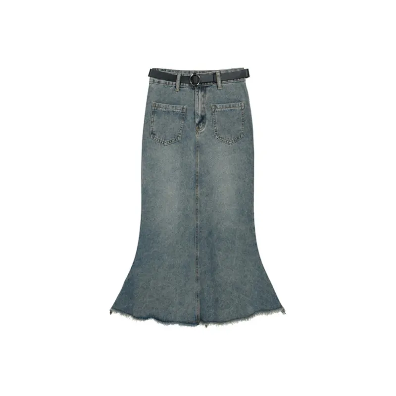 HUASJ Denim Long Skirts Women's Blue-0