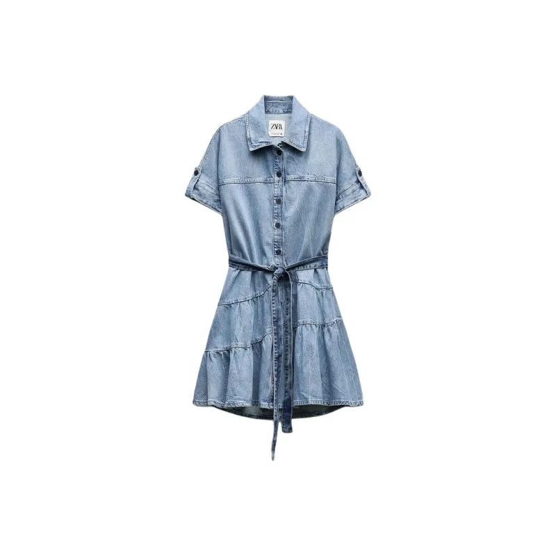 ZARA ZW Series Short-Sleeved Dresses Women's Blue-0