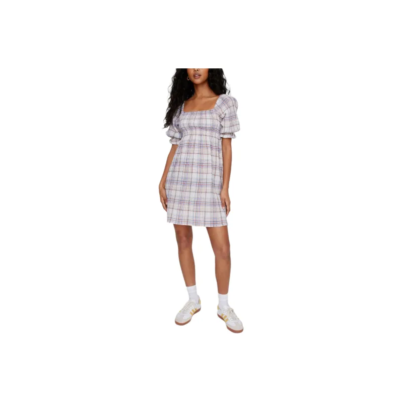 NASTY GAL Check Puffed Sleeve Milk Maid Dress Short-Sleeved Dresses Women's Multicolor-0