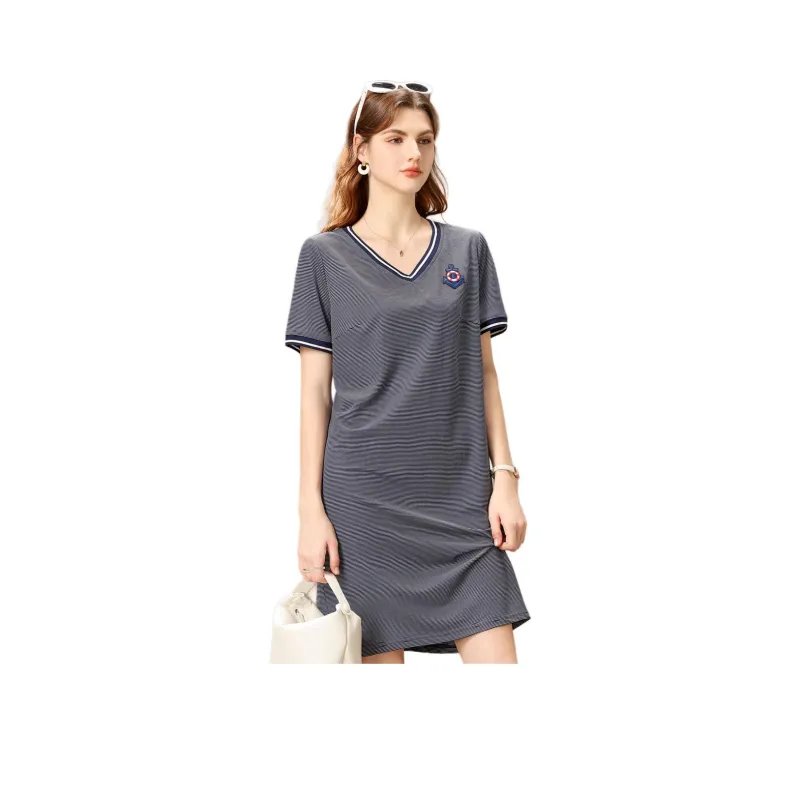 FENHONGMALI Short Sleeved Dress Women's Blue-0