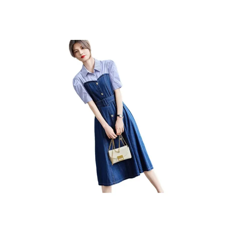 【dme】 Short Sleeved Dresses Women's Dark Denim Blue-0