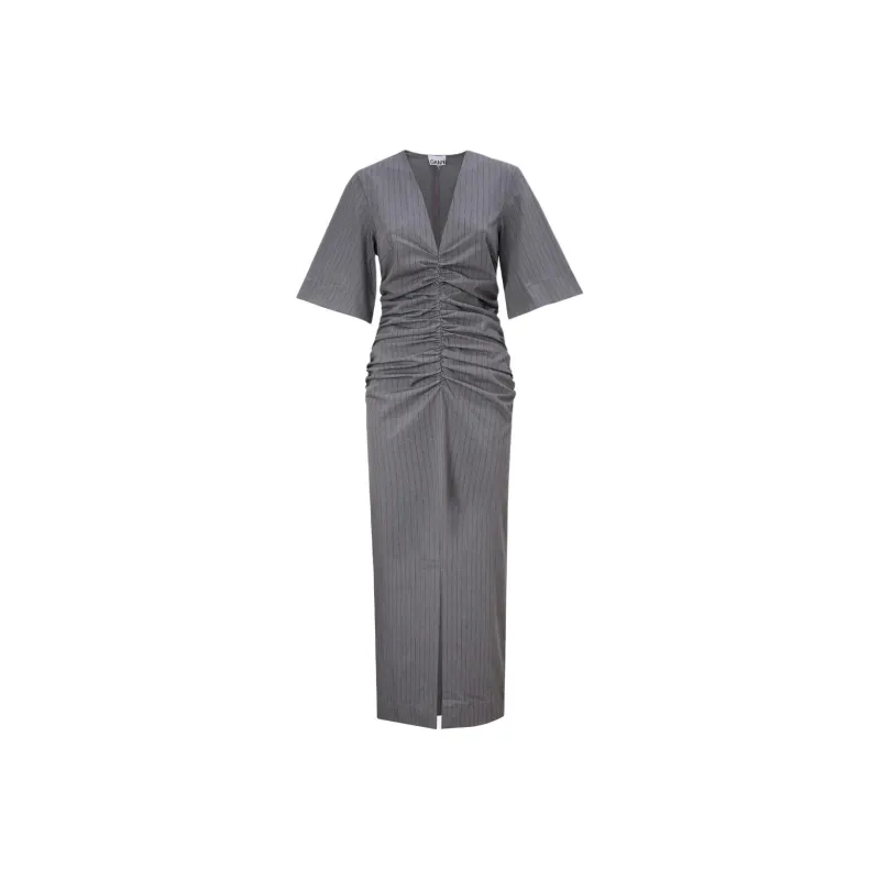 GANNI Striped Suiting V Neck Fitted Dress-0