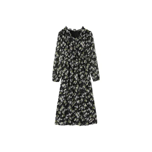 Mo Han Yi Mei Long Sleeved Dresses Women's Black Floral