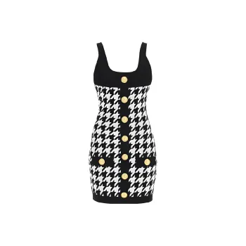 BALMAIN Houndstooth Printed Buttoned Mini Dress