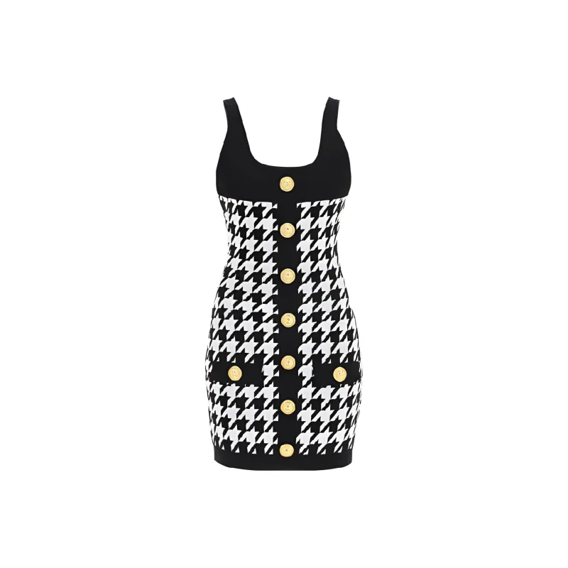 BALMAIN Houndstooth Printed Buttoned Mini Dress-0