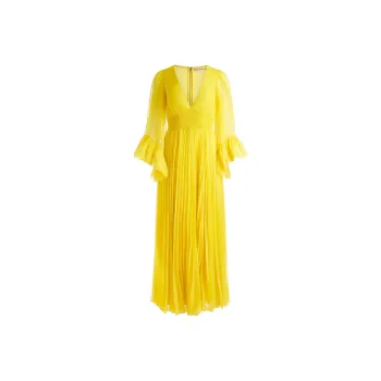 ALICE+OLIVIA Selene V neck Pleated Maxi Dres