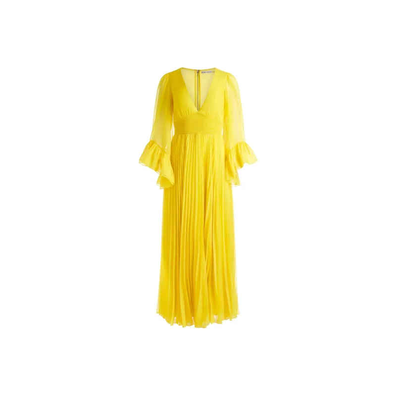 ALICE+OLIVIA Selene V neck Pleated Maxi Dres-0