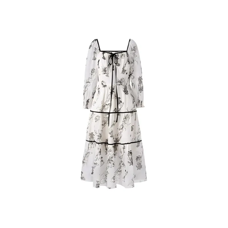PEACEBIRD Long Sleeved Dress Women's Black Pattern-0
