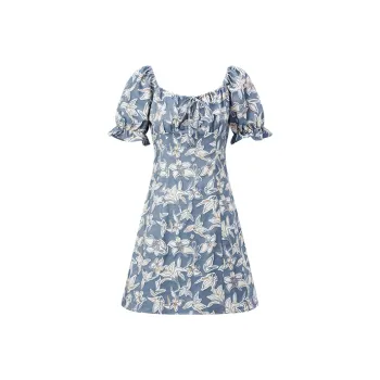 PEACEBIRD Short-Sleeved Dresses Women's Blue Pattern