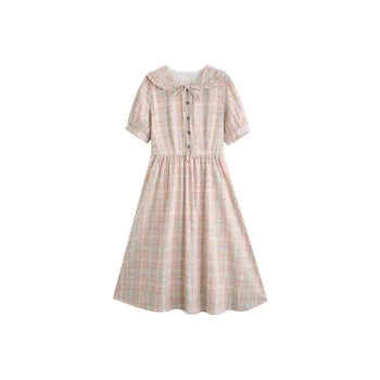 Adeworn Short Sleeved Dress Women's Pink Plaid
