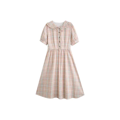 Adeworn Short Sleeved Dress Women's Pink Plaid