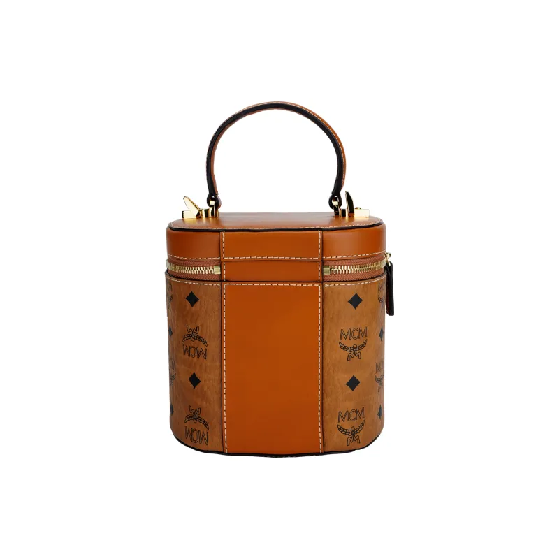 MCM Visetos Leather Cylinder Bag, One Shoulder Crossbody Bag, Shoulder Bag Small Size Women's Brown Cognac-2