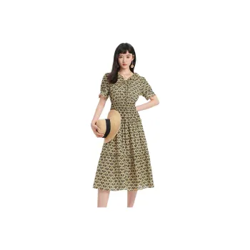 Hopeshow Short Sleeved Dresses Women's Yellow Background With Flowers