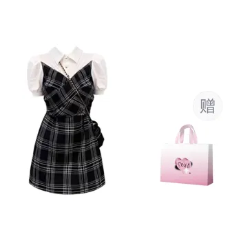 SKYA Short Sleeved Dresses Women's Black Plaid