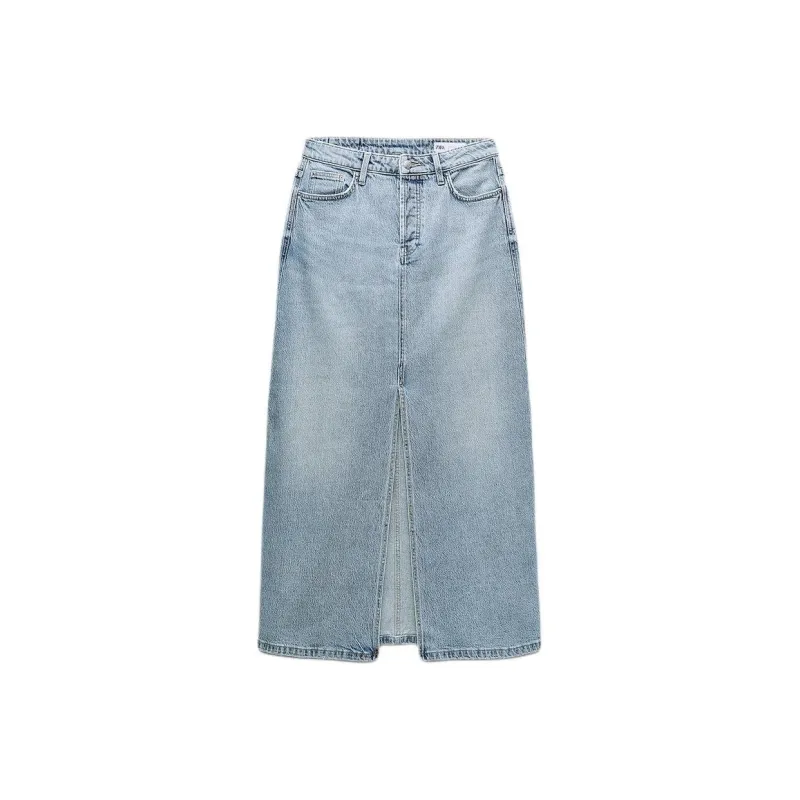 ZARA Denim Long Skirts Women's Light Blue-0