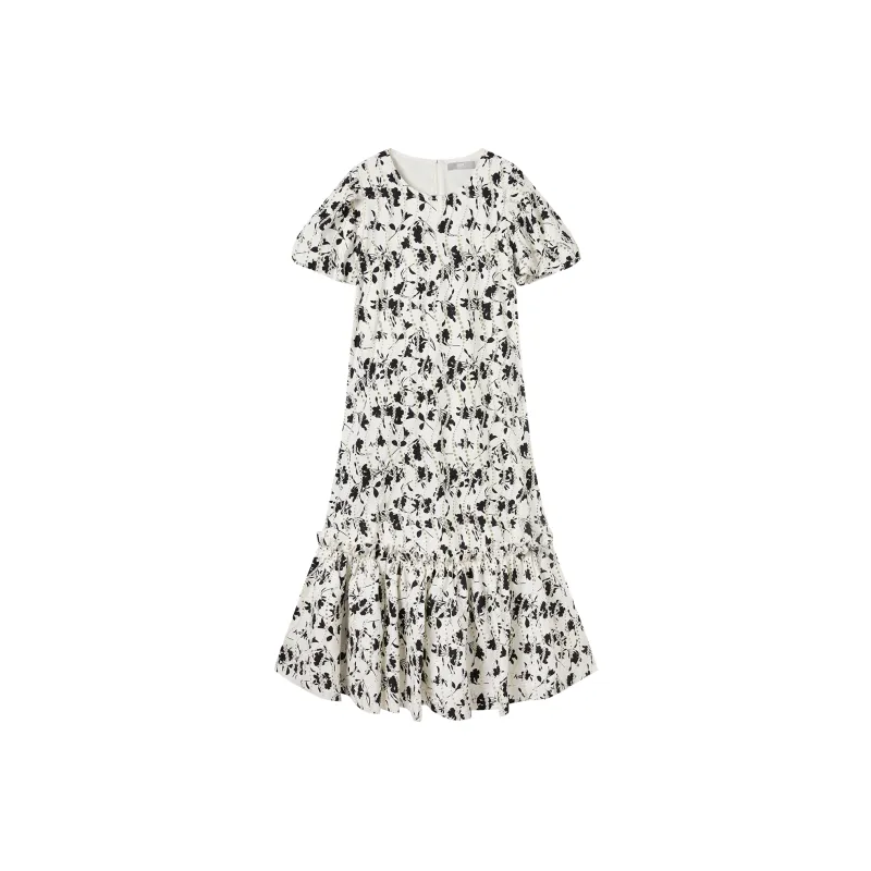 DIALOGUE Short Sleeved Dresses Women's Black White Arts Floral-0