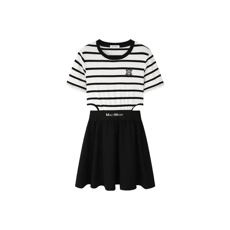 MacyMccoy Short-Sleeved Dresses Women's Black White Stripes-0