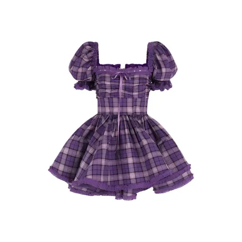 Selkie Collection FW24 Short Sleeved Dresses Women's Purple Preppy Style Plaid Print