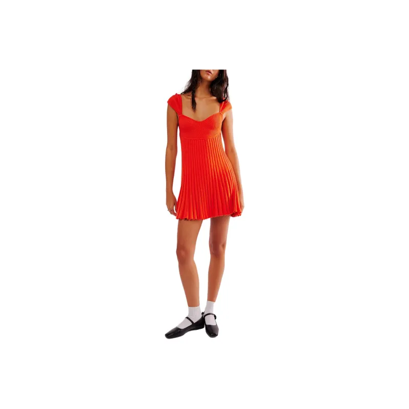 FREE PEOPLE Cherie Mini Dress Short-Sleeved Dresses Women's Mandarin Red/Orange Red-0